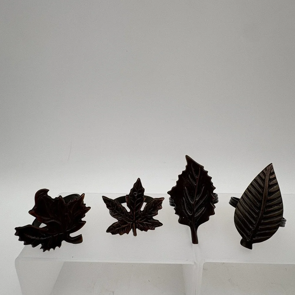 Set of 4 Metal Leaf Napkin Rings Autumn‎ Fall Table Decor Brown Bronze Finish
